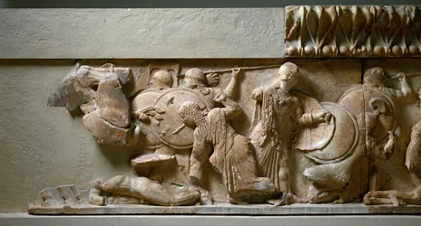 Greek, Ionic Art: Northern Frieze of the Tresor of Siphnos: Scene of Gigantomachia, Apollo and Artemis Fighting Against a Giant. 525 BC. Delphi, Archeological Museum