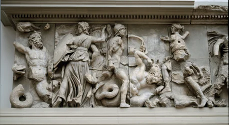 Greek art: representation of Hecate and Artemis. Frieze of the altar of Zeus at Pergamon, low relief of Eumenes II