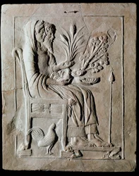 Greek art: votive terracotta plaque with Persephone on the throne and Hades, from Locri. 470 BC. Reggio Calabria, National Museum