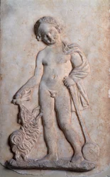 Magna Graecia: Little Boy Playing, Marble Relief, 5th Century BC
