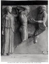 Metope X from the Temple of Zeus Depicting Hercules Receiving the Golden Apples of the Hesperides from the Hand of Atlas, While Minerva Rests a Cushion on His Head
