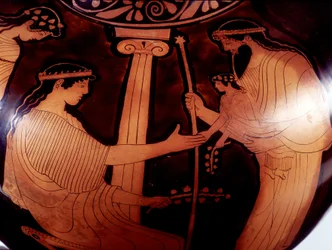 Painting on Vase: Jupiter (Zeus) Presents the Young Dionysus (Bacco) to Two Women. 480 BC. BNF, Medal Office