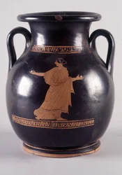 Painting on vase: Representation of Orithye, playing ball, she is the daughter of the king of Athens. It is pursued by Boreas represented on the other side of the vase, 440 BC. BNF, Medal Office