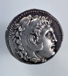 Alexander the Great tetradrachm showing the head of Herakles wearing a lionskin headdress