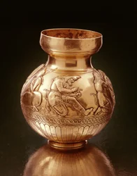 Bottle with ring base depicting Scythians engaged in various activities