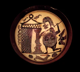 Laconian Cup with Black Figures Representing Cadmos Fighting the Dragon of Thebes or Apollo and the Snake Python