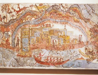 Greek civilization, fresco depicting ship procession, from Akrotiri, Thera Island, Santorini, Greece