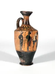 Lekythos, Warriors arming for battle, 510-500 B.C.