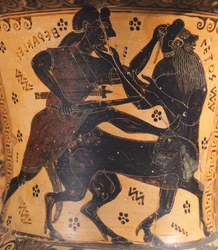 Amphora, attributed to painter of Nettos, black-figure pottery, Detail showing Hercules and centaur, Greek Civilization, 7th Century BC