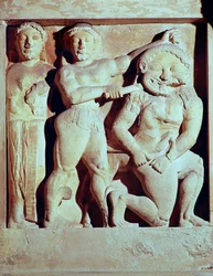 Relief depicting Perseus helping Athena to kill the Gorgon, metope from the Temple of Selinunte, Sicily