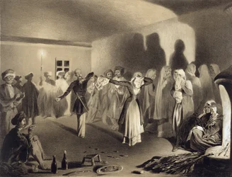 Dancing Party at Kagha-Choura, Dagestan, plate 55 from a book on the Caucasus, engraved by Celestin Francois Nanteuil (1813-73) published by Alfred Leon Lemercier, Paris, 1847