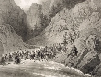 Tcherkersseians on a Raid near the Black Sea, plate 4, from a book on the Caucasus, engraved by Eugene Ciceri and Adolphe Jean-Baptiste Bayot, published by Alfred Leon Lemercier