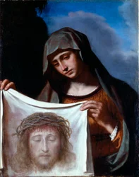 Saint Veronica. The Holy Veil represents the face of Christ whose sweat Veronique was said to have been sweaty during the climb to Calvary