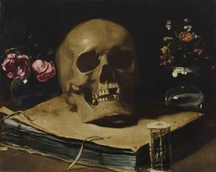 A vanitas still life with a skull atop a book, an hourglass and two glass vases of flowers