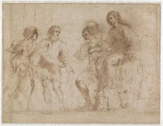 Meeting of Mary and Joseph in front of the House of Elizabeth and Zechariah (recto) Mary and Elizabeth at the Foot of a Staircase (verso)
