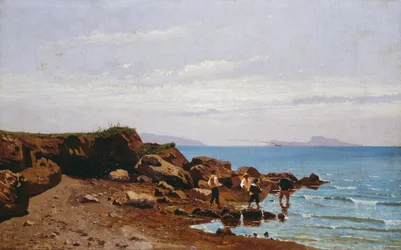 Fishermen on the Neapolitan coast, with the island of Capri in the background