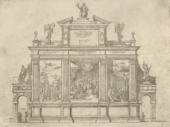 Facade of a triumphal monument with three scenes depicting deeds of Pope Clement VIII, a temporary decoration for the event