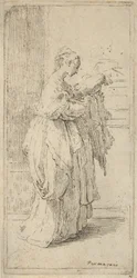 Girl Carrying a Cushion, Seen in Profile Facing Right