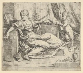 Seated Woman Holding a Tablet and Compass Allegory of Learning, a Winged Putto