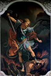 The Archangel Saint Michael Terrassing the Dragon by V. M. De Girolamo after Guido Reni, 1957