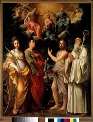 The Coronation of the Virgin with Four Saints (Catherine of Alexandria, John the Evangelist, John the Baptist and Bernard) - The Virgin Mary is represented in heaven with the Trinity (Jesus Christ, God and the dove of the Holy Spirit (Holy Spirit)