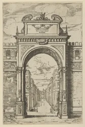 Triumphal Arch Surmounted by a Statue of Moses, Buildings Seen Through the Arch Below