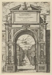 Triumphal Arch Surmounted by a Statue Representing the City of Bologna, Buildings Seen Through