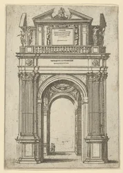 Triumphal Arch Surmounted by Woman Seated on a Dolphin, Four Standing Figures Below, a Temple
