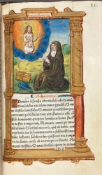 Printed Book of Hours Use of Rome: fol. 90r, St. Bridget in Prayer before an Apparition of Christ