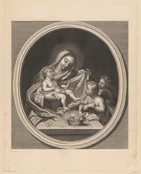 Mary with Child and Two Angels Behind a Table with a Basket of Flowers