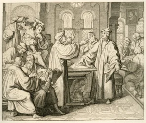 Luther and Ulrich Zwingli discussing the sacrament without agreement, Marburg 1529
