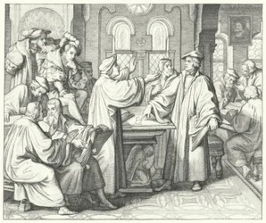 Martin Luther discussing the sacrament with Huldrych Zwingli