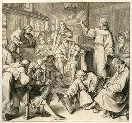 Martin Luther in discussion with Dr. Johannes Eck, with Philipp Melanchthon and Karlstadt on Luther