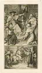 Martin Luther in discussion with Cardinal Cajetan, with his friend Staupitz beside him