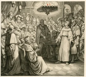 Martin Luther in front of Emperor Charles, with his brother Ferdinand beside him