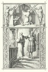 Martin Luther in prayer as he prepares for the Diet of Worms. Georg von Frundsberg gives encouragement to Martin Luther