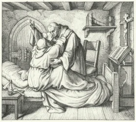 Martin Luther is consoled by a fellow monk during his spiritual torment at the monastery