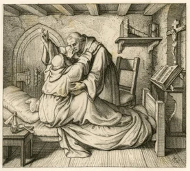 Martin Luther receives consolation by an old monk, because he was exhausted by body and human mind