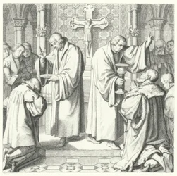 The Holy Communion shown in both Protestant and Catholic forms