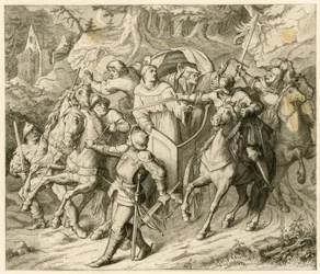 The kidnapping of Martin Luther on his return journey - 1521 - by Hauptmann von Berlepsch and Burkhard Hund, due to the bull of excommunication and the emperor