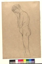 Nude Depiction of an Old Woman in Profile to the Left, Head Resting on Folded Hands
