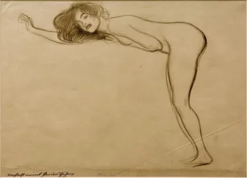 Standing female nude with body bent forward to the left