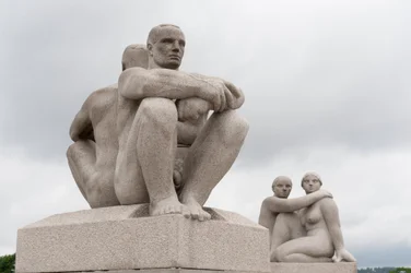 Granite Sculptures of Two Naked Men Sitting Back to Back; Sculpture of Two Women at Back in Frogner Park, Oslo, Norway