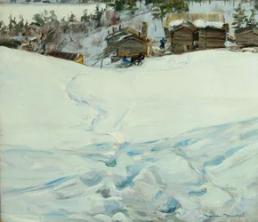 Mountain Farm in Winter Landscape