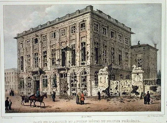 The Cafe Amitie and the Old Hotel du Prince Frederic, Brussels, after the Fighting of 23rd-26th September 1830, engraved by Jean Baptiste Madou