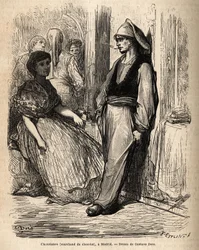 A chocolate dealer in the open air, sketch on the lively taken in Madrid. Engraving by Gustave Dore (1832-1883) to illustrate his trip to Spain, with Ch. Davillier (editor), in 1862, published in Le tour du monde 1869, edited by Edouard Charton, Hachette