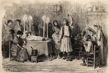 A funeral dance, during the mortuary day in Jijonas (province of Alicante). Sketch taken on the live by Gustave Dore. Engraving to illustrate the voyage in Spain, in 1862 by Charles Davillier and Gustave Dore, in Le tour du monde, nouveau journal des voyag