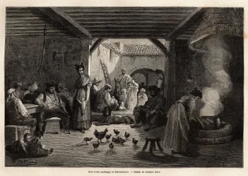 A Sale (Inn) in Estremadure, Welcoming Workers and Travellers as Well as Various Pets. Engraving to Illustrate the Voyage to