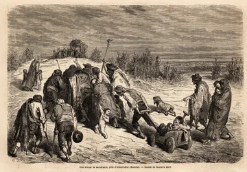 A Troupe of Beggars and Infirm, a Veritable Court of Miracles, is Headed for a Diligence to Ask for Alms in the Vicinity of Almuradiel (Mancha Province). Drawing by Gustave Dore (1832-1883). Engraving to Illustrate the Voyage in Spain, in 1862 by Charles
