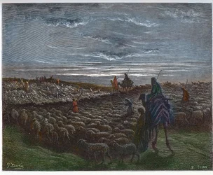 Abraham Journeying Into the Land of Canaan - Abram settled in the land of Canaan - engraving in The Bible illustree by Gustave Dore - Engraving from The Dore Bible
